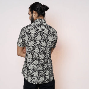 Black - Kalamkari Block Printed Cotton Men Half Sleeve Shirt