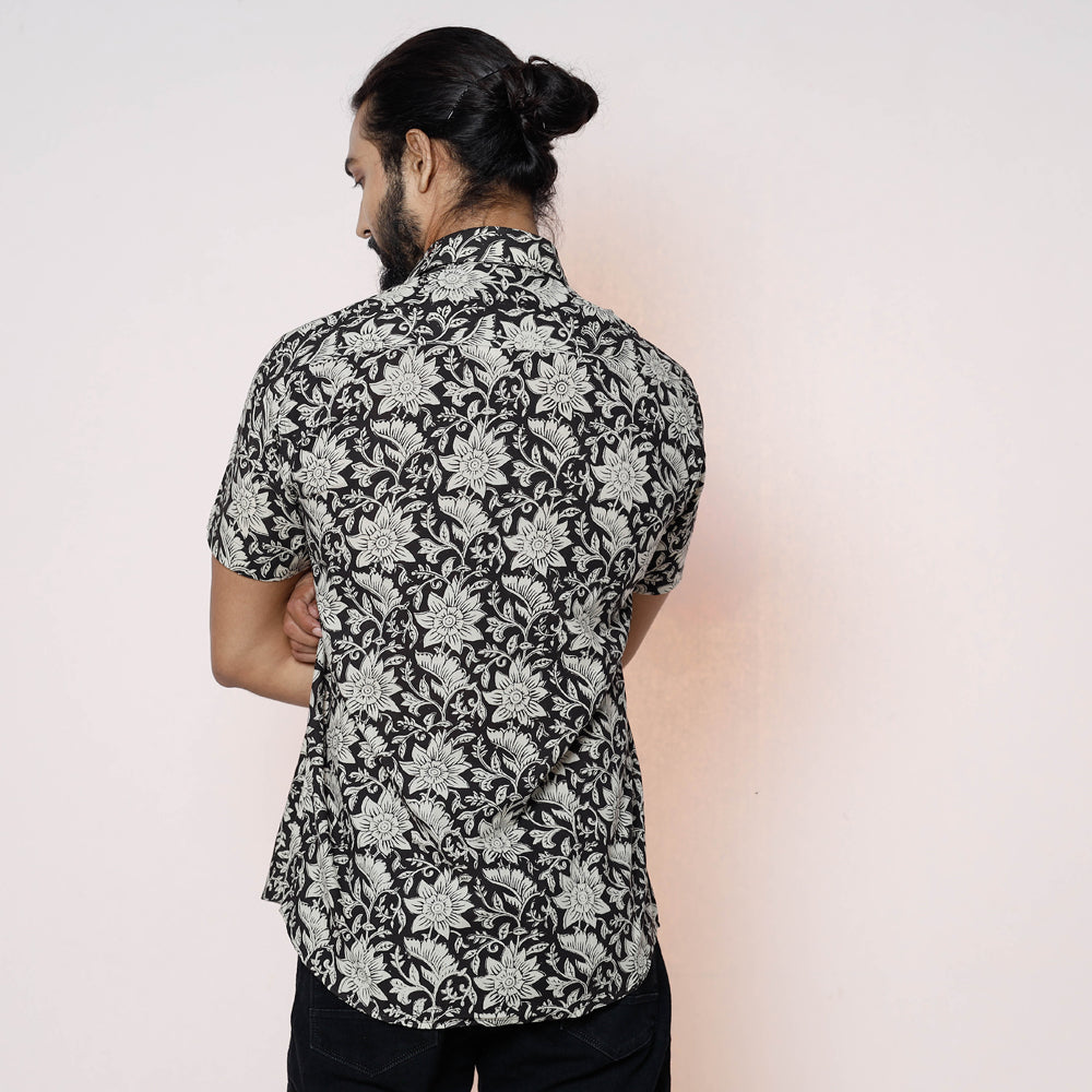 Black - Kalamkari Block Printed Cotton Men Half Sleeve Shirt