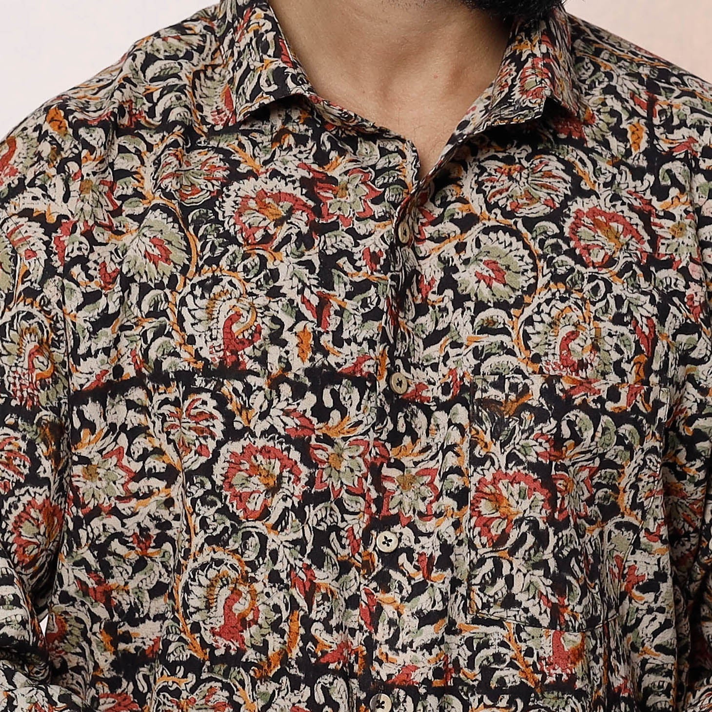 Black - Kalamkari Block Printed Cotton Men Full Sleeve Shirt