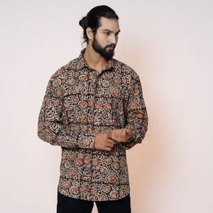 Black - Kalamkari Block Printed Cotton Men Full Sleeve Shirt