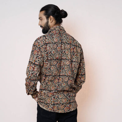 Black - Kalamkari Block Printed Cotton Men Full Sleeve Shirt