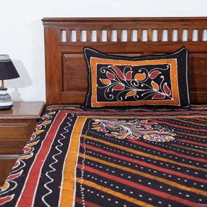 Black - Hand Batik Printed Cotton Double Bed Cover with Pillow Covers (104 x 90 in)