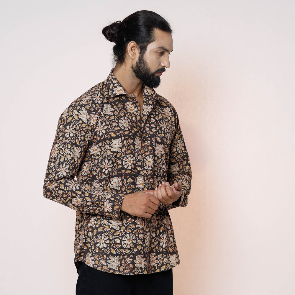 Black - Kalamkari Block Printed Cotton Men Full Sleeve Shirt