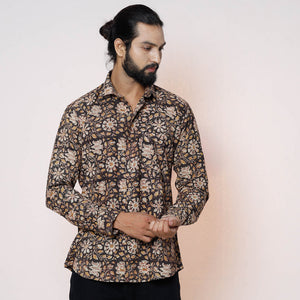 Black - Kalamkari Block Printed Cotton Men Full Sleeve Shirt