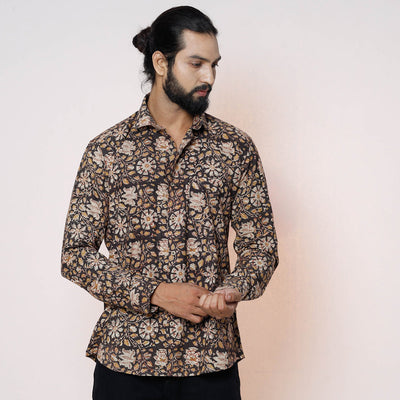 Black - Kalamkari Block Printed Cotton Men Full Sleeve Shirt
