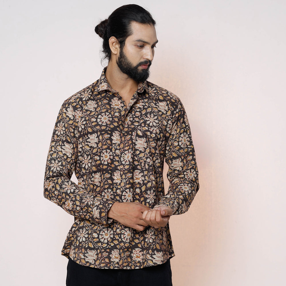 Black - Kalamkari Block Printed Cotton Men Full Sleeve Shirt