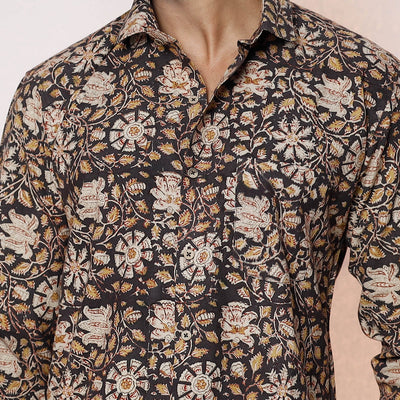 Black - Kalamkari Block Printed Cotton Men Full Sleeve Shirt