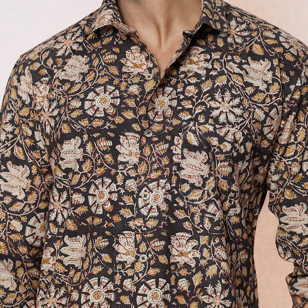 Black - Kalamkari Block Printed Cotton Men Full Sleeve Shirt