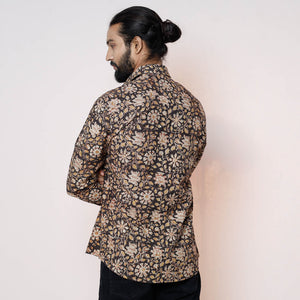 Black - Kalamkari Block Printed Cotton Men Full Sleeve Shirt