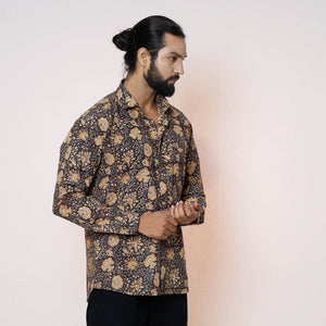 Black - Kalamkari Block Printed Cotton Men Full Sleeve Shirt