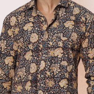 Black - Kalamkari Block Printed Cotton Men Full Sleeve Shirt