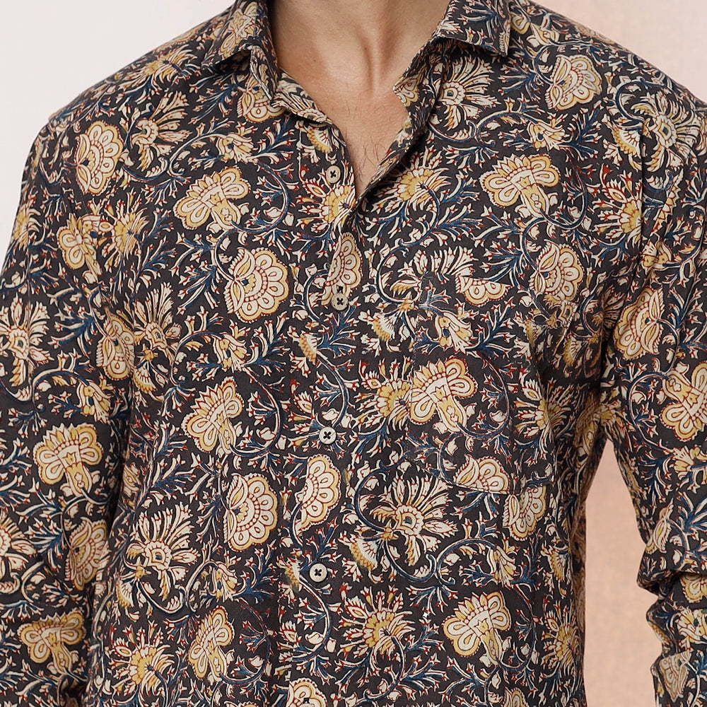 Black - Kalamkari Block Printed Cotton Men Full Sleeve Shirt