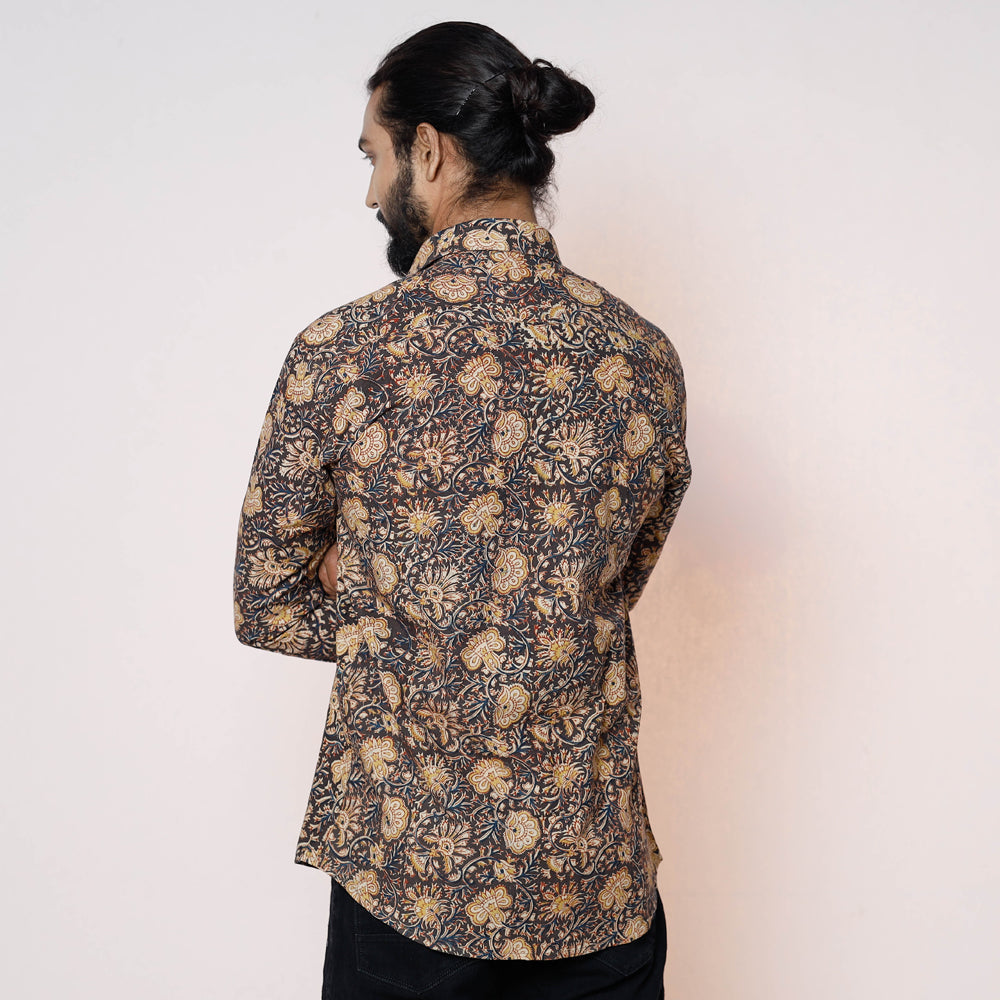 Black - Kalamkari Block Printed Cotton Men Full Sleeve Shirt