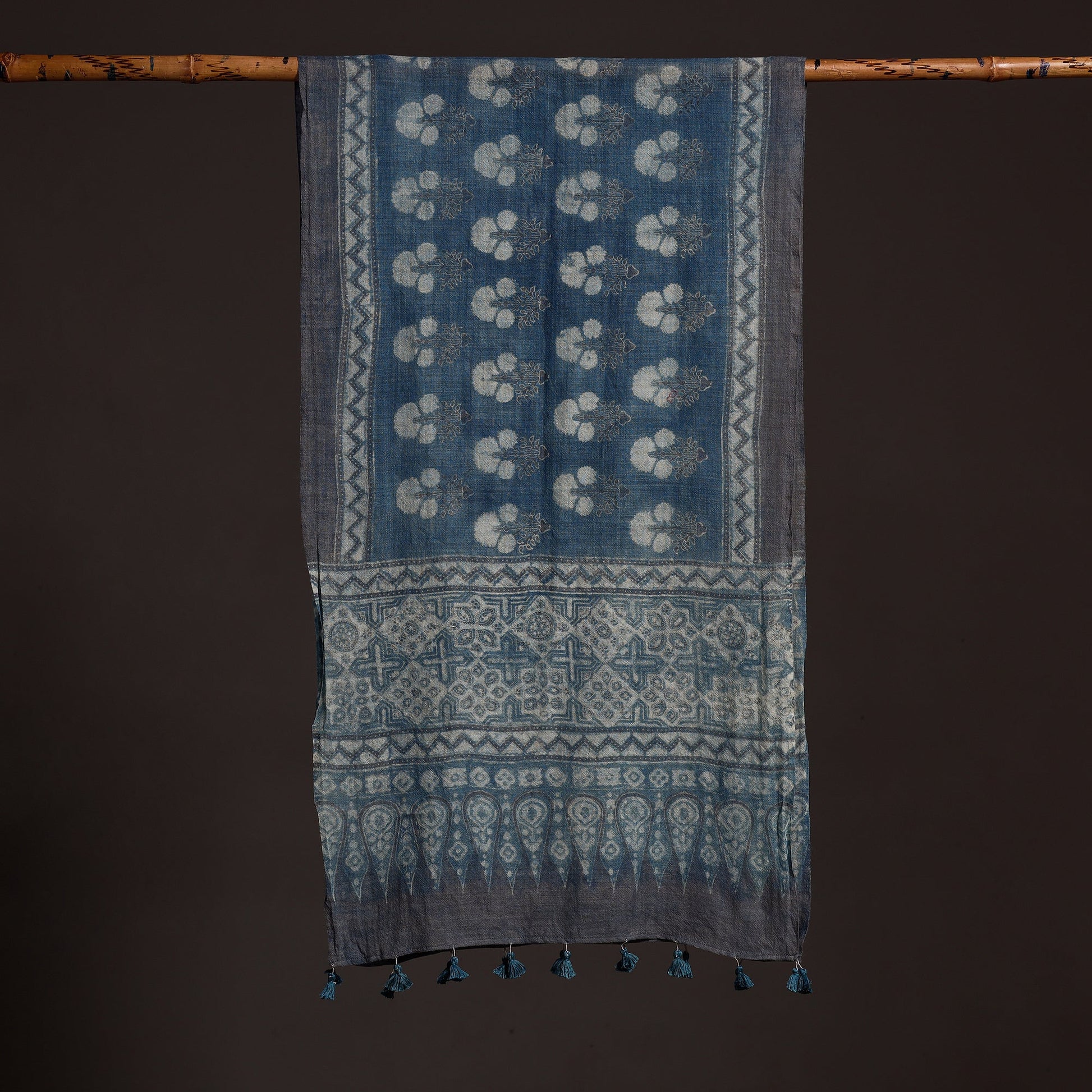 Blue - Ajrakh Hand Block Printed Pure Woolen Stole