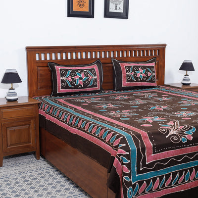 Brown - Hand Batik Printed Cotton Double Bed Cover with Pillow Covers (104 x 90 in)