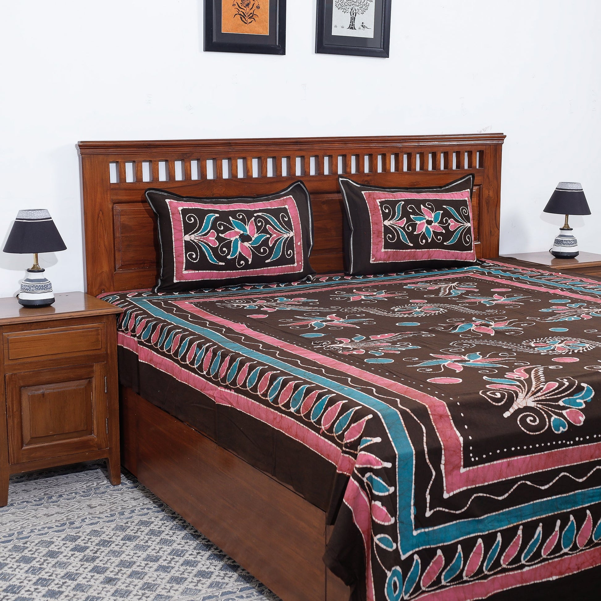 Brown - Hand Batik Printed Cotton Double Bed Cover with Pillow Covers (104 x 90 in)
