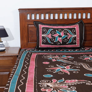 Brown - Hand Batik Printed Cotton Double Bed Cover with Pillow Covers (104 x 90 in)