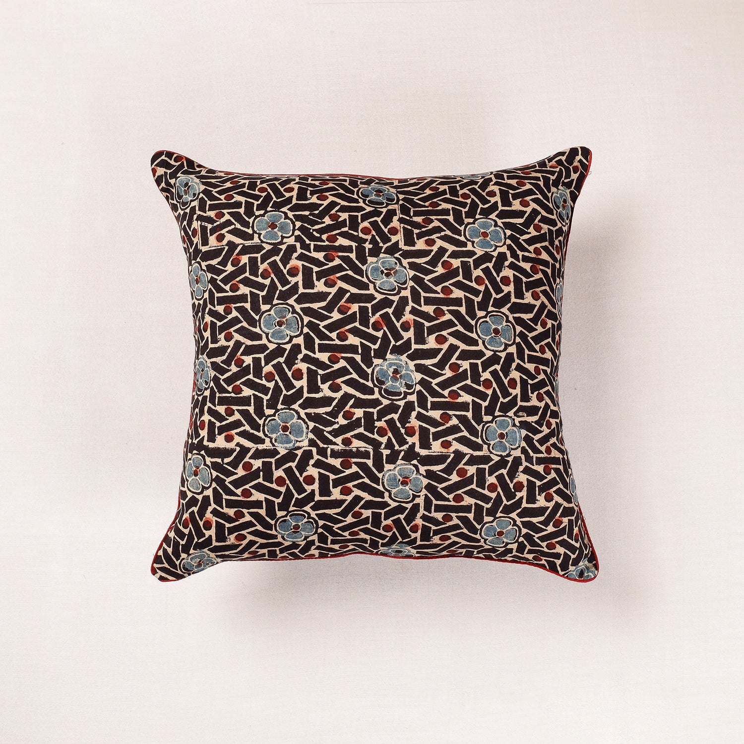 Black - Ajrakh Block Printed Cotton Cushion Cover (16 x 16 in)