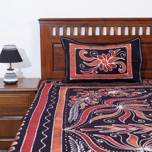 Black - Hand Batik Printed Cotton Double Bed Cover with Pillow Covers (104 x 90 in)