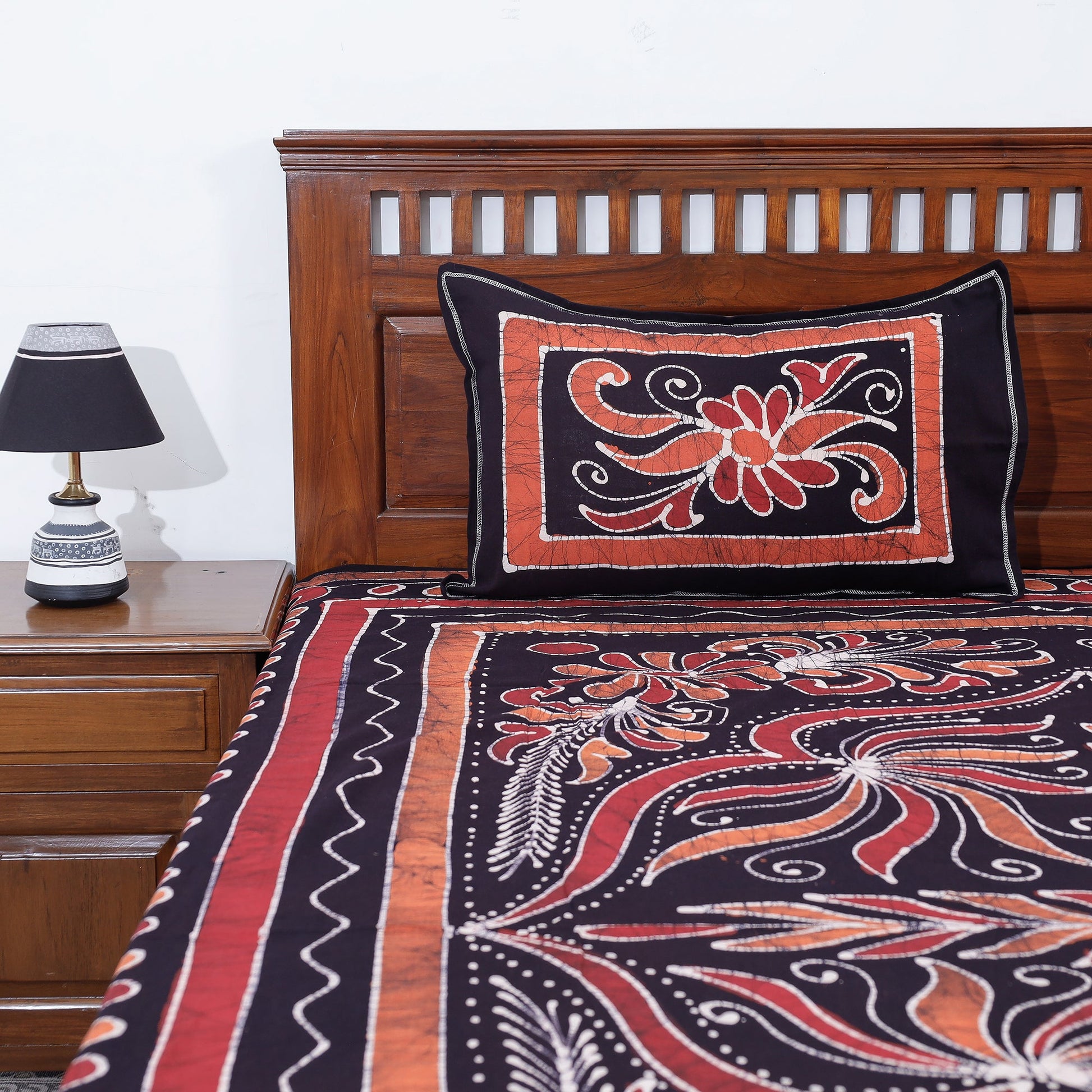 Black - Hand Batik Printed Cotton Double Bed Cover with Pillow Covers (104 x 90 in)