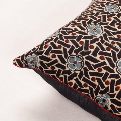 Black - Ajrakh Block Printed Cotton Cushion Cover (16 x 16 in)