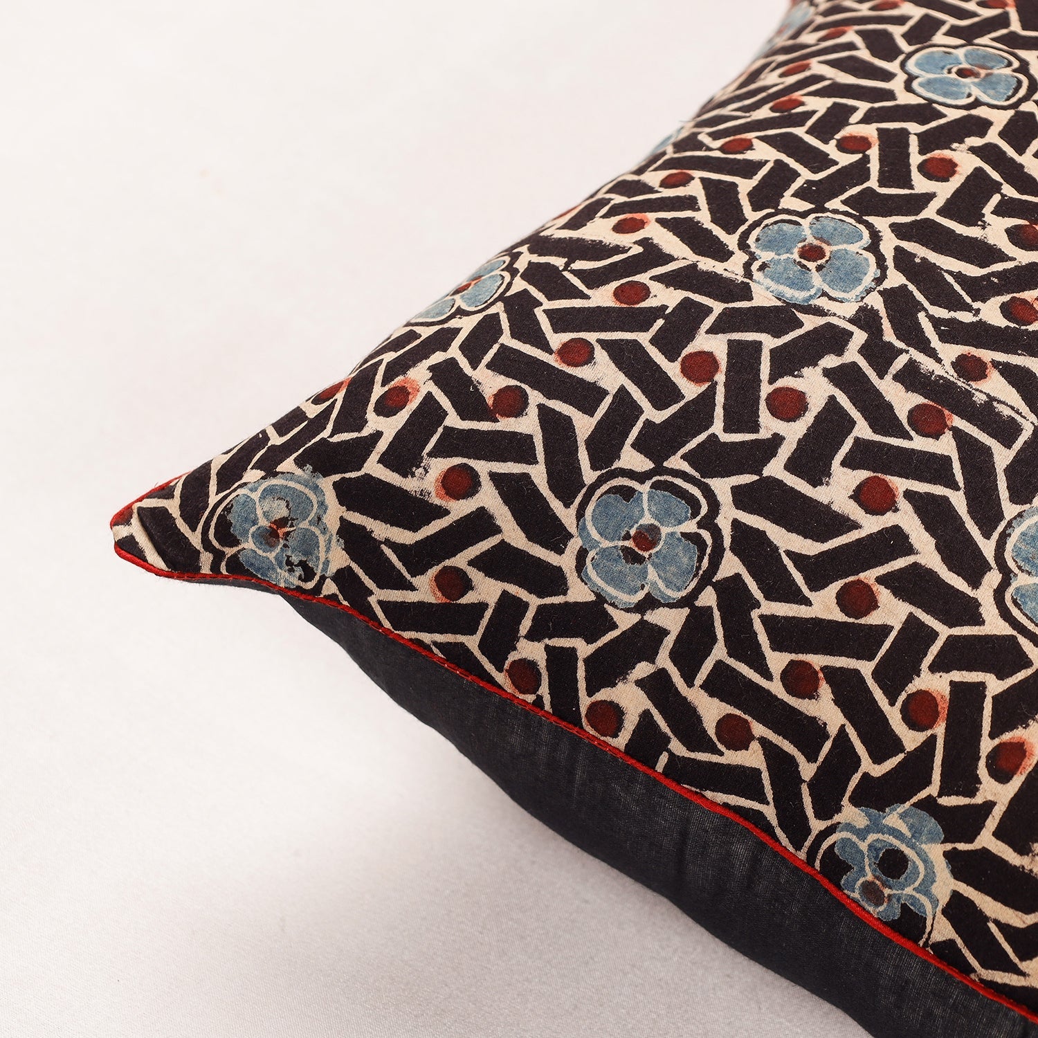 Black - Ajrakh Block Printed Cotton Cushion Cover (16 x 16 in)