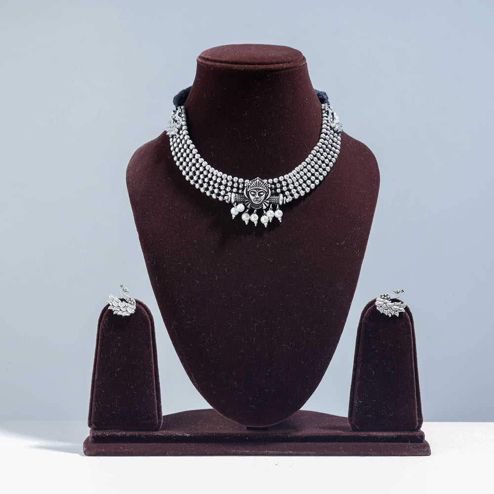 Antique Silver Finish Oxidised Brass Base Necklace Set with Ring