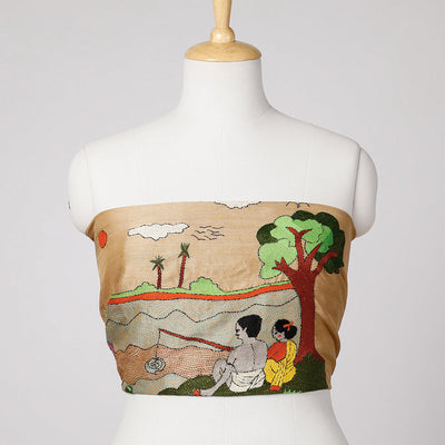 Beige - Bengal Kantha Embroidery Raw Silk Blouse Piece
