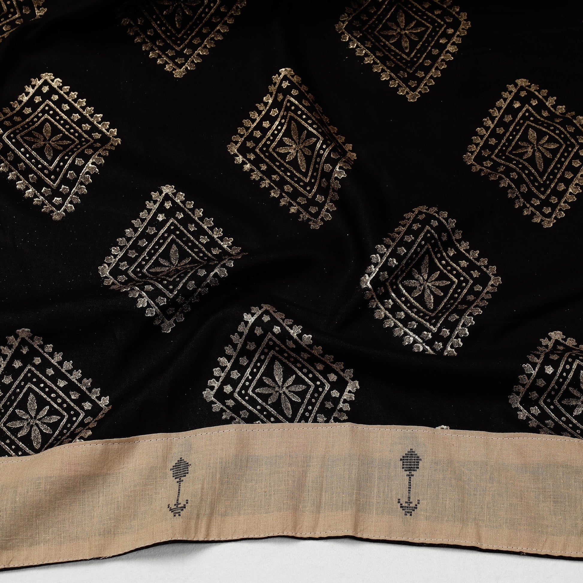 Black - Sanganeri Gold Block Printed Rayon Blouse Piece