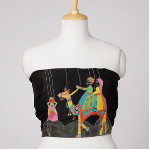Black - Bengal Kantha Embroidery Raw Silk Blouse Piece