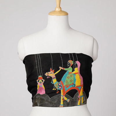 Black - Bengal Kantha Embroidery Raw Silk Blouse Piece
