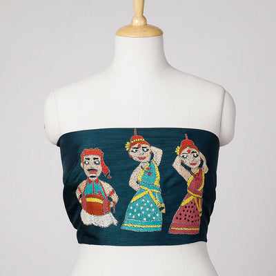 Blue - Bengal Kantha Embroidered Raw Silk Blouse Piece