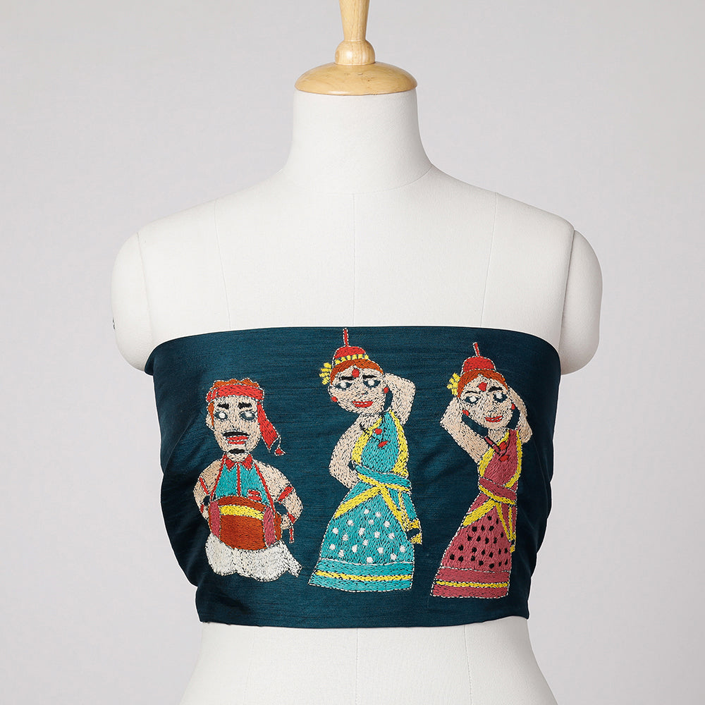 Blue - Bengal Kantha Embroidered Raw Silk Blouse Piece