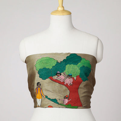 Brown - Bengal Kantha Embroidery Raw Silk Blouse Piece