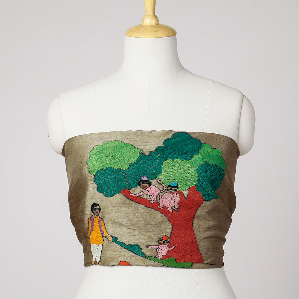 Brown - Bengal Kantha Embroidery Raw Silk Blouse Piece
