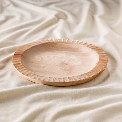 Beige - Hand Carved Natural Neem Wooden Round Plate (9 x 9 in)