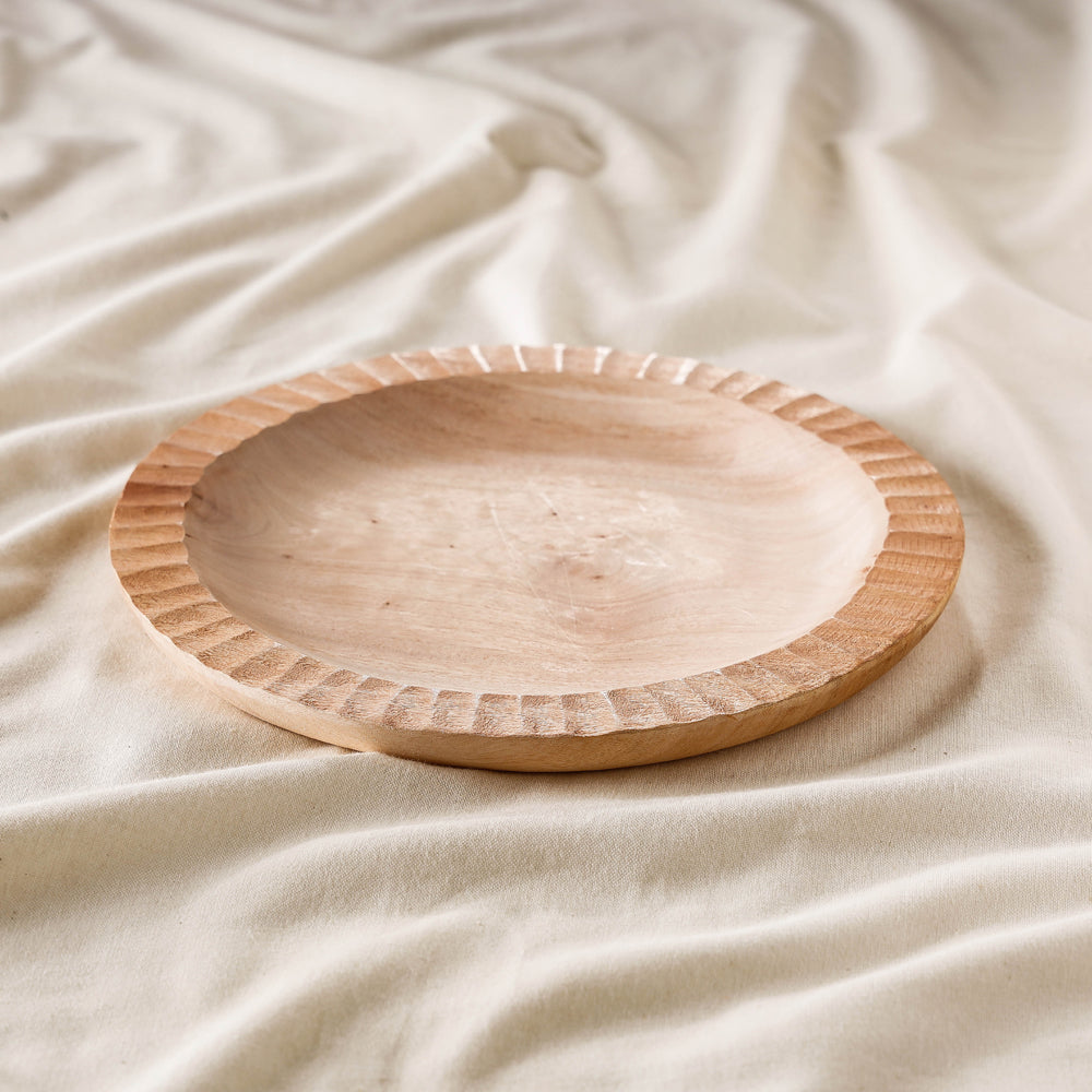 Beige - Hand Carved Natural Neem Wooden Round Plate (9 x 9 in)