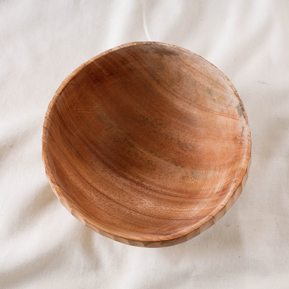 Brown - Hand Carved Natural Neem Wooden Bowl (Big) (7 x 7 in)