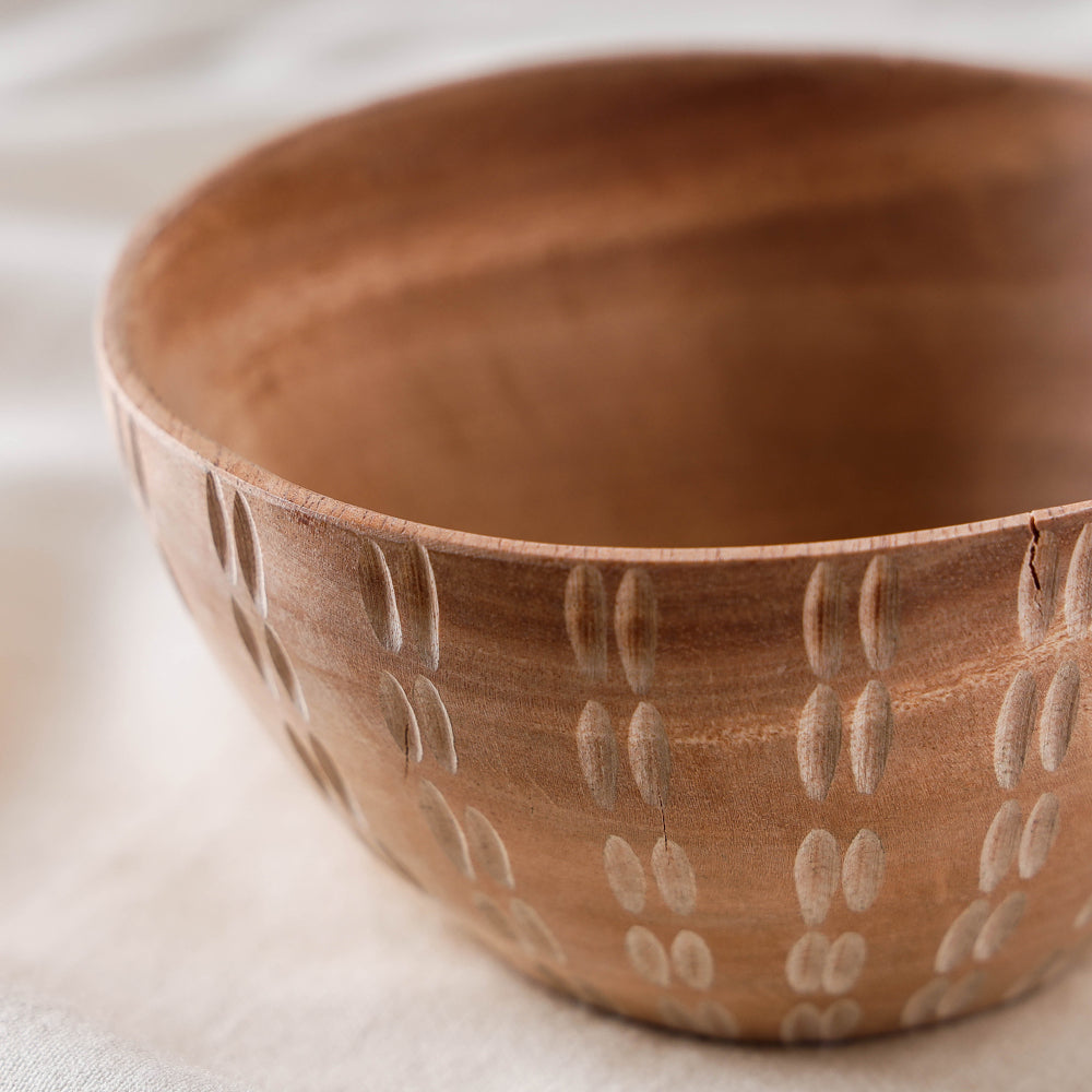 Brown - Hand Carved Natural Neem Wooden Bowl (Small) (5 x 5 in)