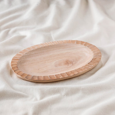 Beige - Hand Carved Natural Neem Wooden Oval Plate (9 x 6 in)