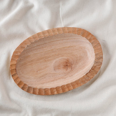 Beige - Hand Carved Natural Neem Wooden Oval Plate (9 x 6 in)