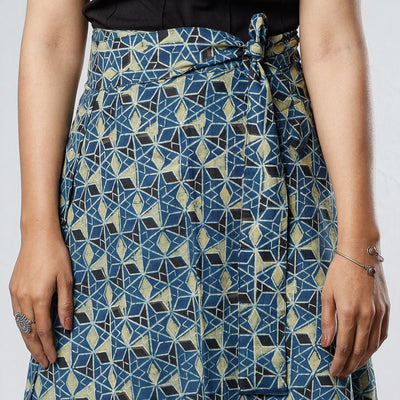 Blue - Ajrakh Block Printed Cotton Wrap Around Skirt