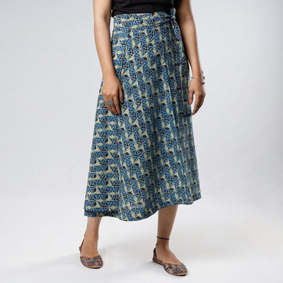 Blue - Ajrakh Block Printed Cotton Wrap Around Skirt