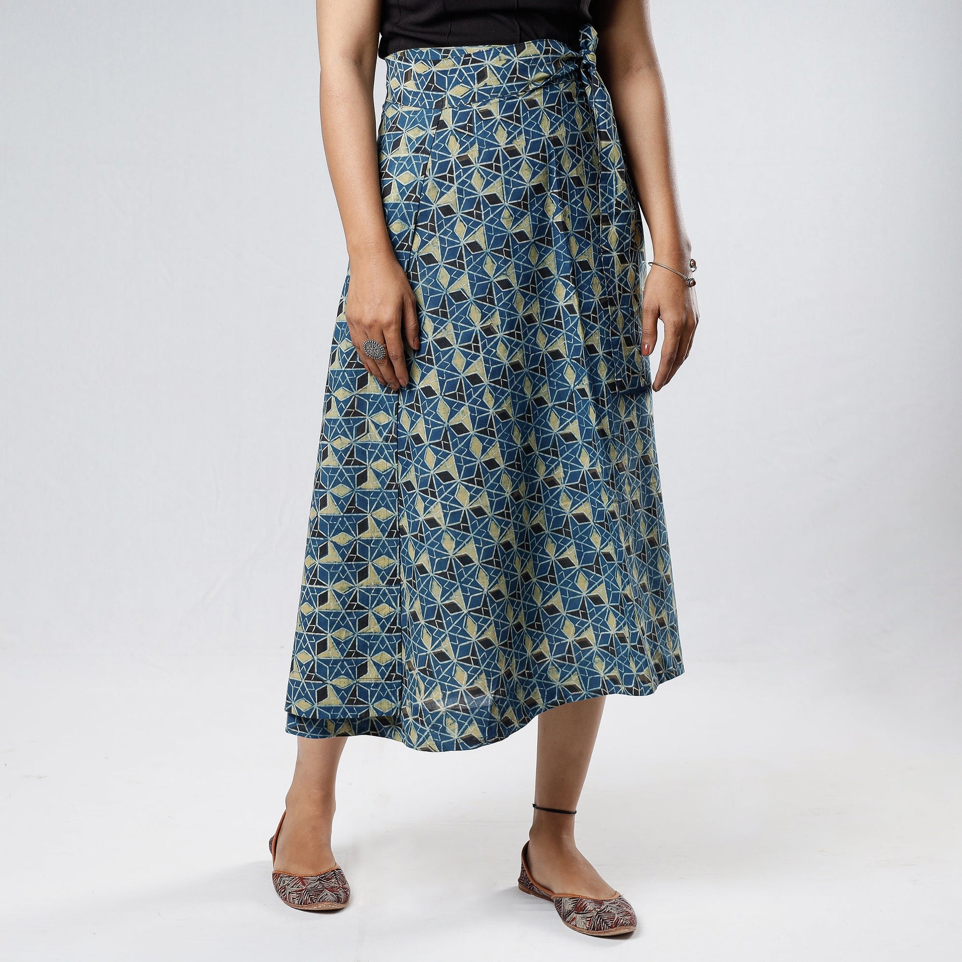 Blue - Ajrakh Block Printed Cotton Wrap Around Skirt