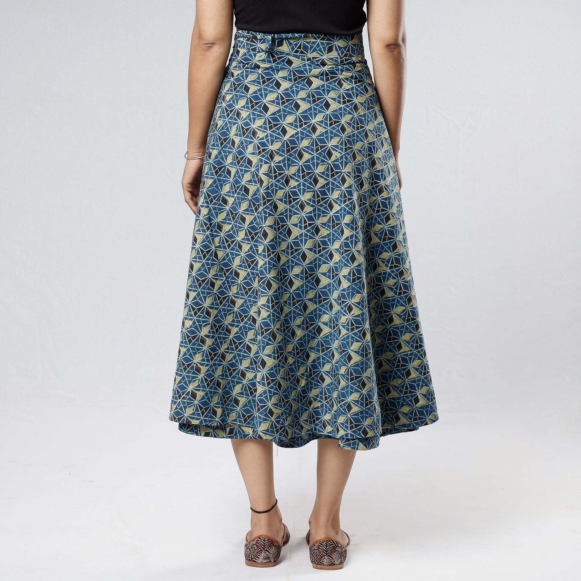 Blue - Ajrakh Block Printed Cotton Wrap Around Skirt
