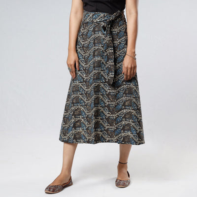 Black - Ajrakh Block Printed Cotton Wrap Around Skirt