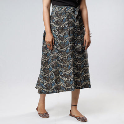 Black - Ajrakh Block Printed Cotton Wrap Around Skirt