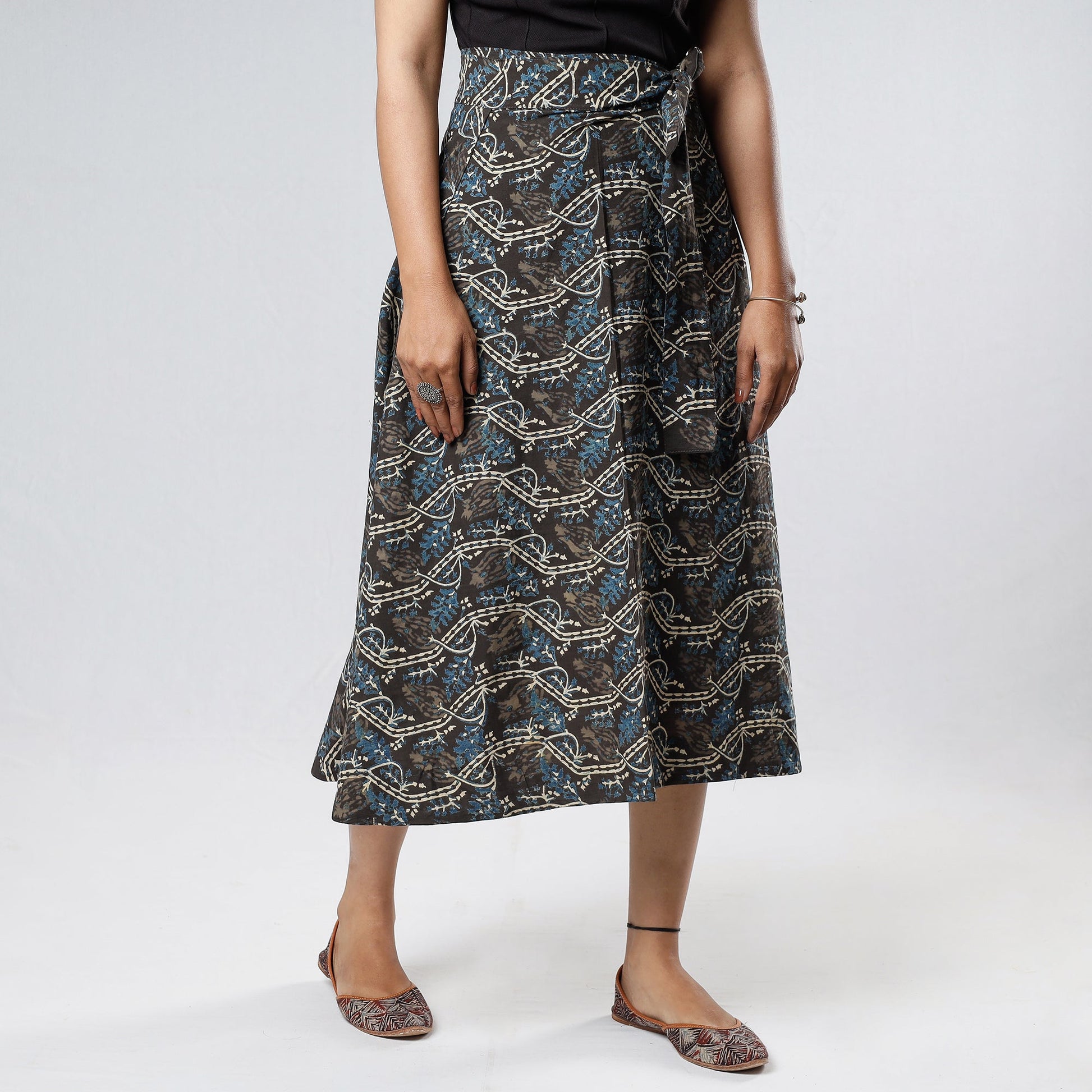 Black - Ajrakh Block Printed Cotton Wrap Around Skirt