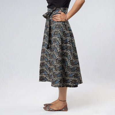 Black - Ajrakh Block Printed Cotton Wrap Around Skirt