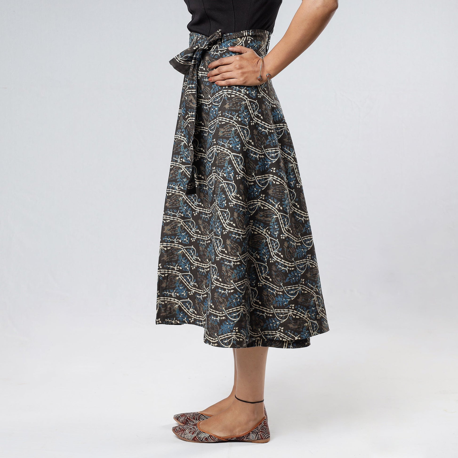 Black - Ajrakh Block Printed Cotton Wrap Around Skirt